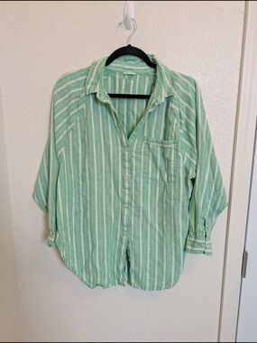Aerie Oversized Green Stripe Linen Blend Button Down Coastal Sz S Beach Coverup